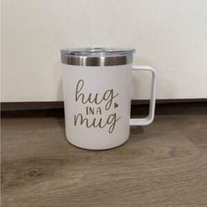 Hug in a Mug Insulated Travel Coffee Mug White Gold Stainless Steel Lid Cup